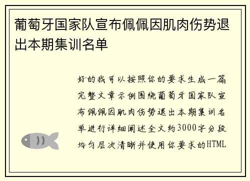 葡萄牙国家队宣布佩佩因肌肉伤势退出本期集训名单