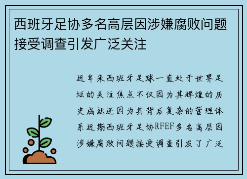 西班牙足协多名高层因涉嫌腐败问题接受调查引发广泛关注 西班牙足协多名高层因涉嫌腐败问题接受调查引发广泛关注